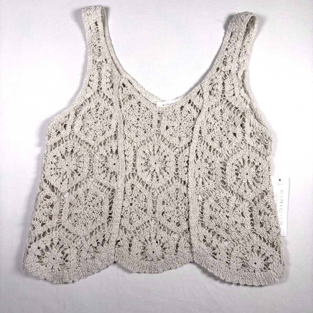 Kirious Crochet Tank Top Boho Scalloped Medallion Cream Gottagecore Women S/M